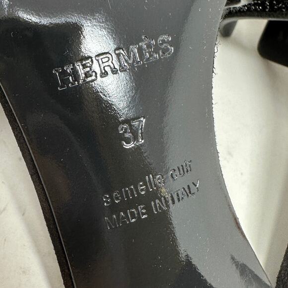 Hermes Oasis Block Heel Sandals Womens 37 US 6.5 Black Suede Arcane Rhinestone - Picture 7 of 10